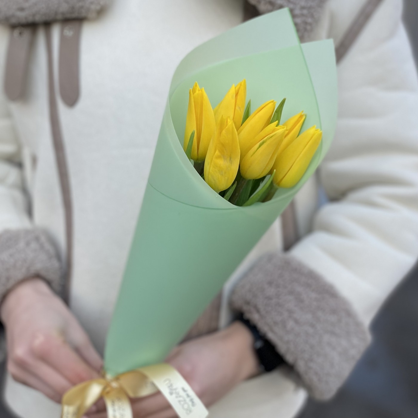 7 желтых тюльпанов в упаковке