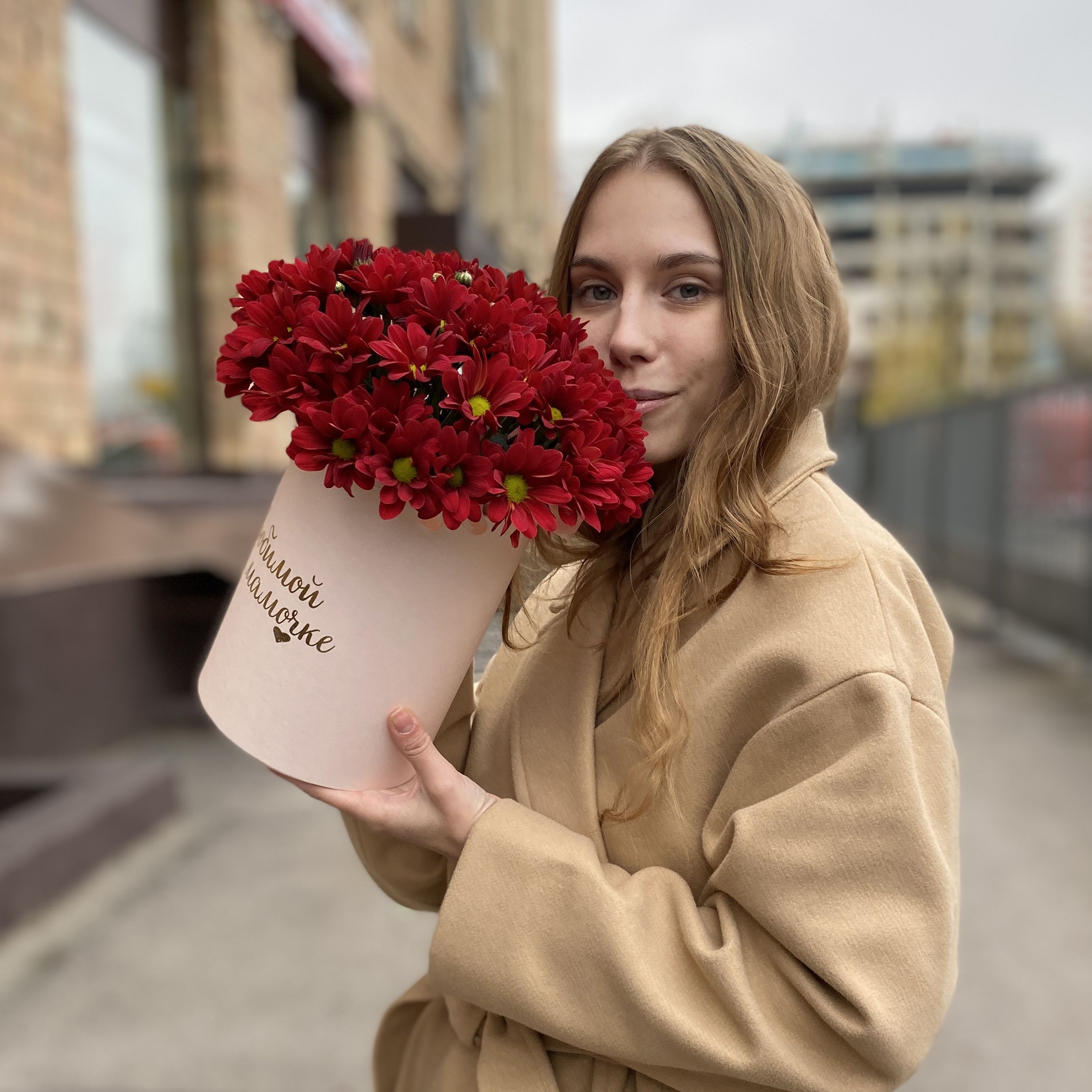 Коробка с бордовыми хризантемами Любимой Мамочке