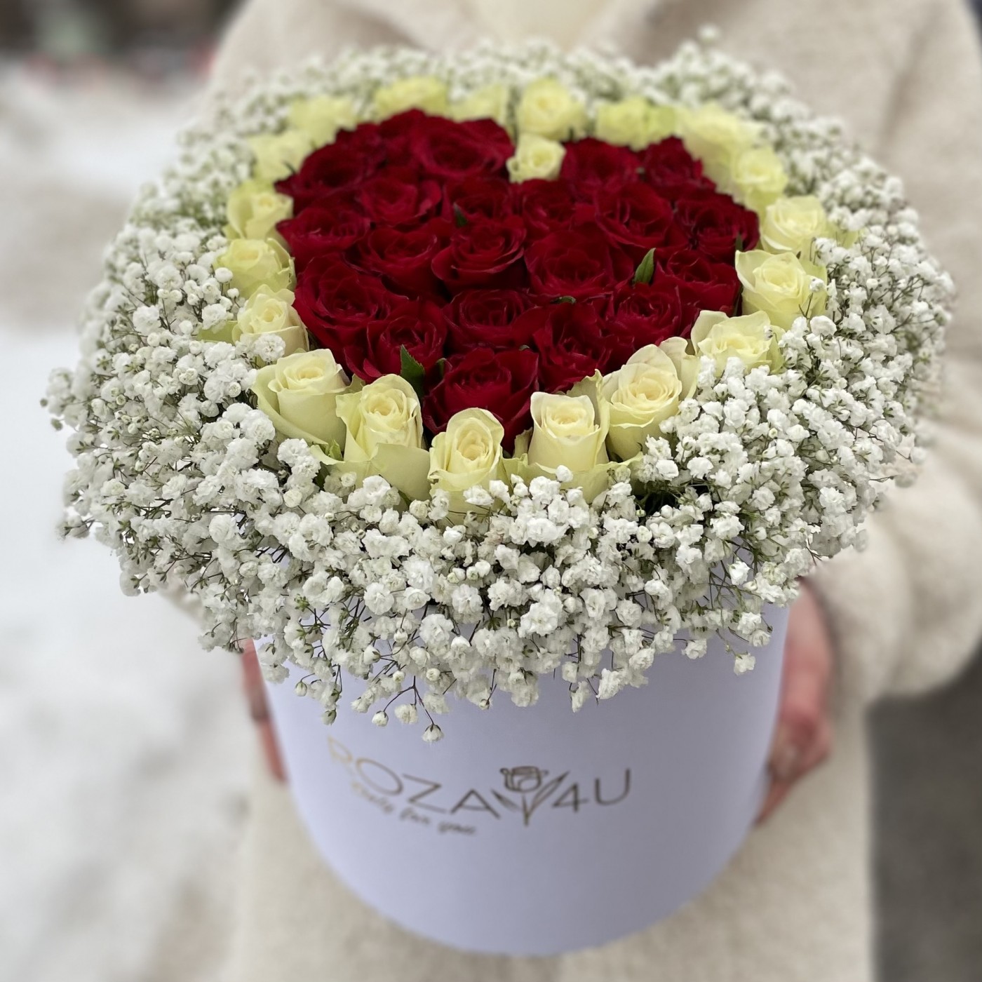Коробка из красных и белых роз с гипсофилой