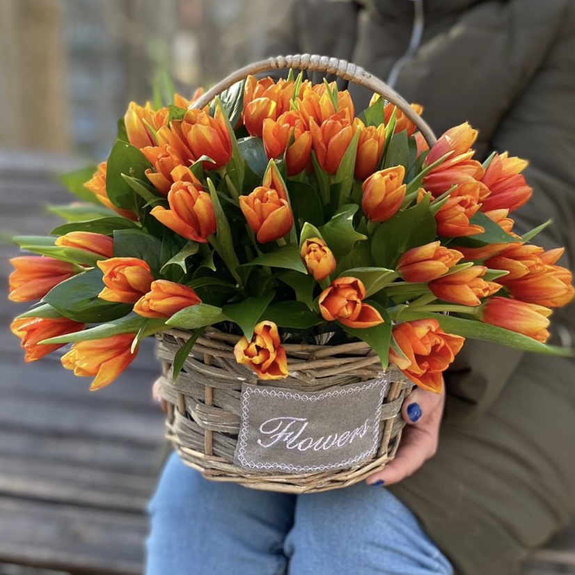 75 ярких тюльпанов в корзине